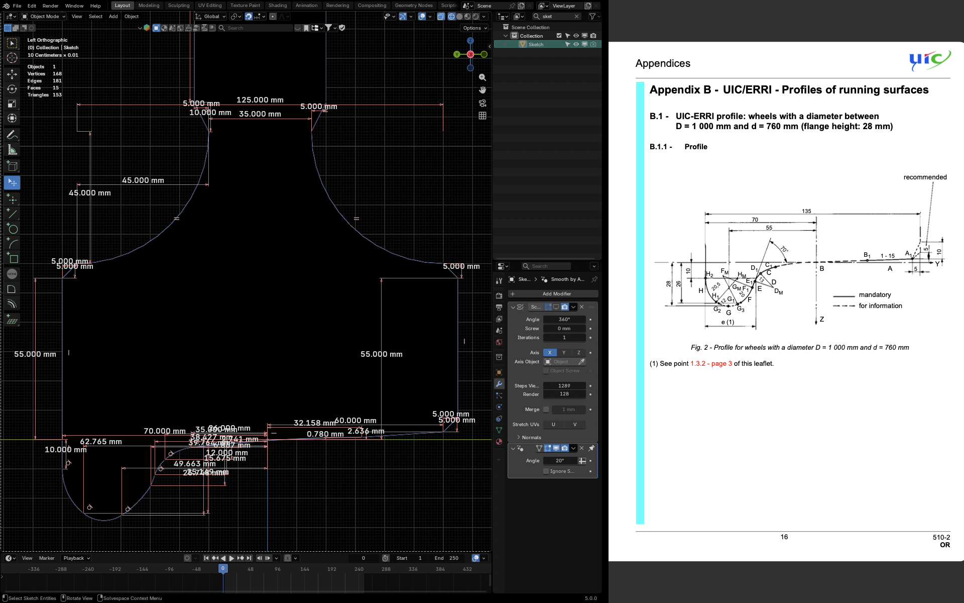 Sketch of wheel profile in Blender with UIC norm on the right